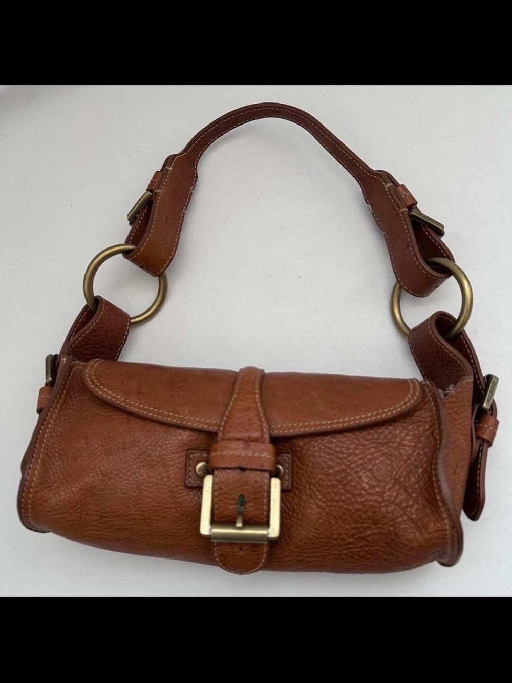 Mulberry Cognac Brown Pebbled Leather Shoulder Bag with Brass Rings